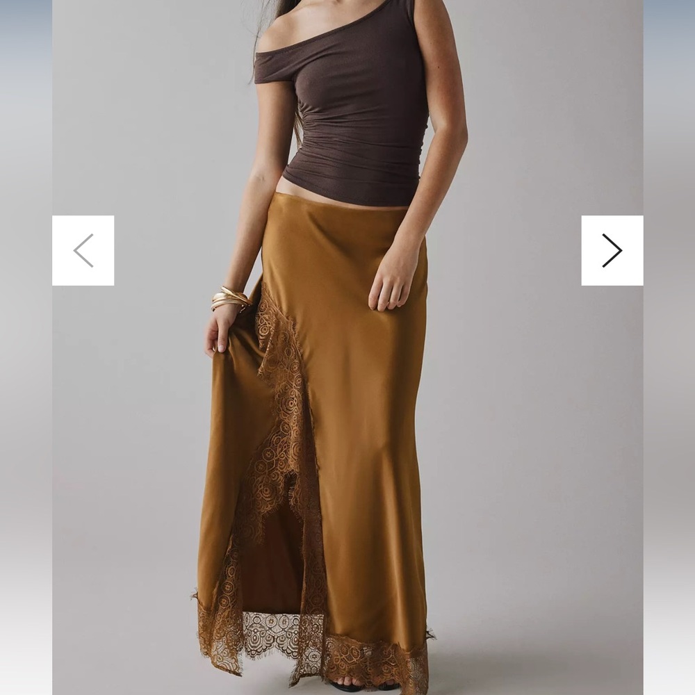 SEARCHING FOR Saqi Asymmetrical Lace Trim Satin Maxi Skirt by Kimchi blue